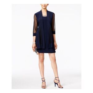 R&M RICHARDS PETITE Womens Navy Elbow Sleeve Open Front Cardigan Petites 6P